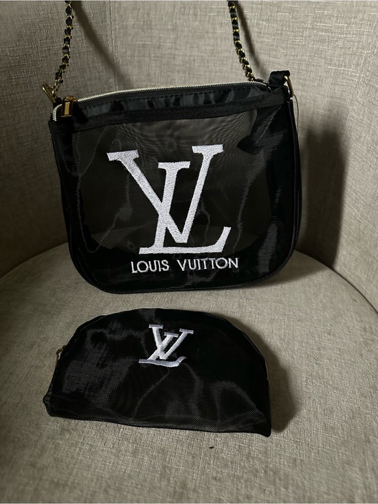 The Unbranded Brand Handbags - Black Nylon Sheer with White LV Logo and Gold Chain
